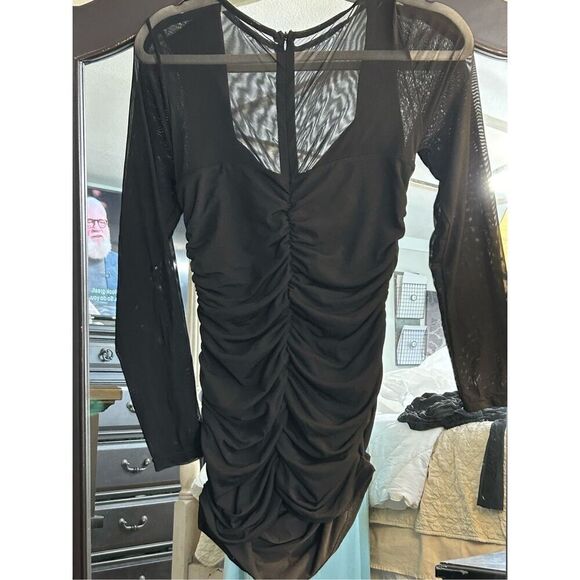 New Black Ruched Bodycon Square Neck Mini Dress S - Picture 2 of 3